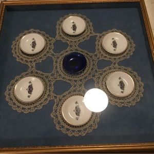 7 Small Vintage French Plates with Doily in Frame